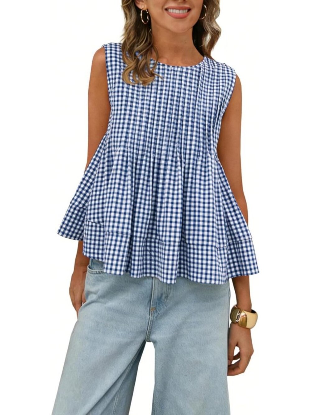 Gingham Pleated Peplum Tank Top - Y2K Plaid Babydoll Tee for Trendy Style
